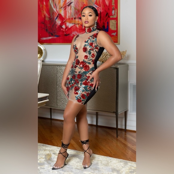 Red Sequin Flowers & Mesh Dress - Picture 3 of 15